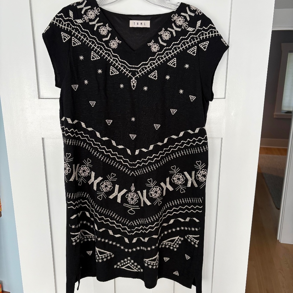 THML Shift Dress, black with cream embroidery- SMALL